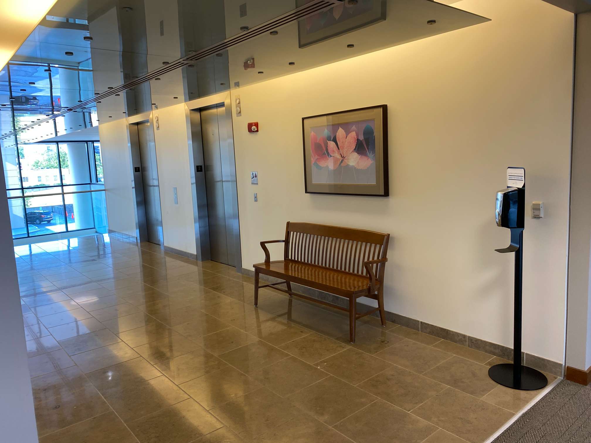 Copaken Brooks Plaza Colonnade Office Tower Entry Elevator Bay with bench